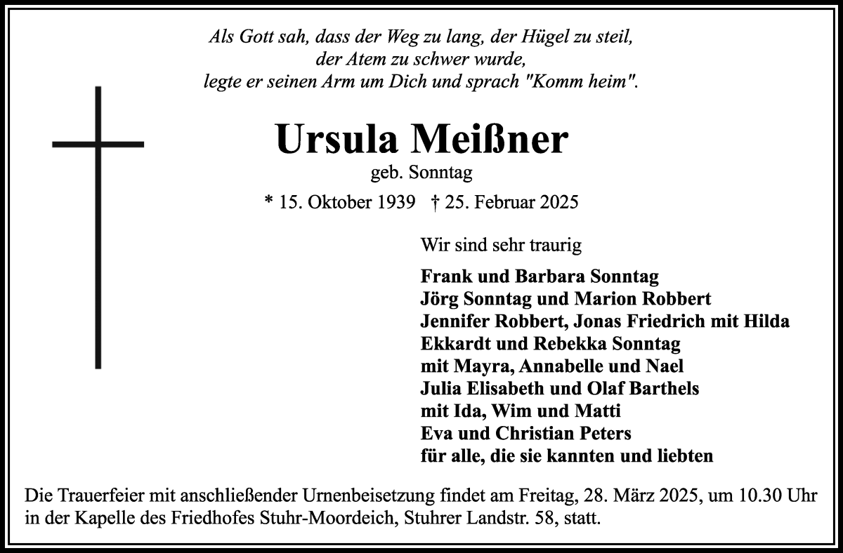 Traueranzeige von Ursula Meißner von WESER-KURIER