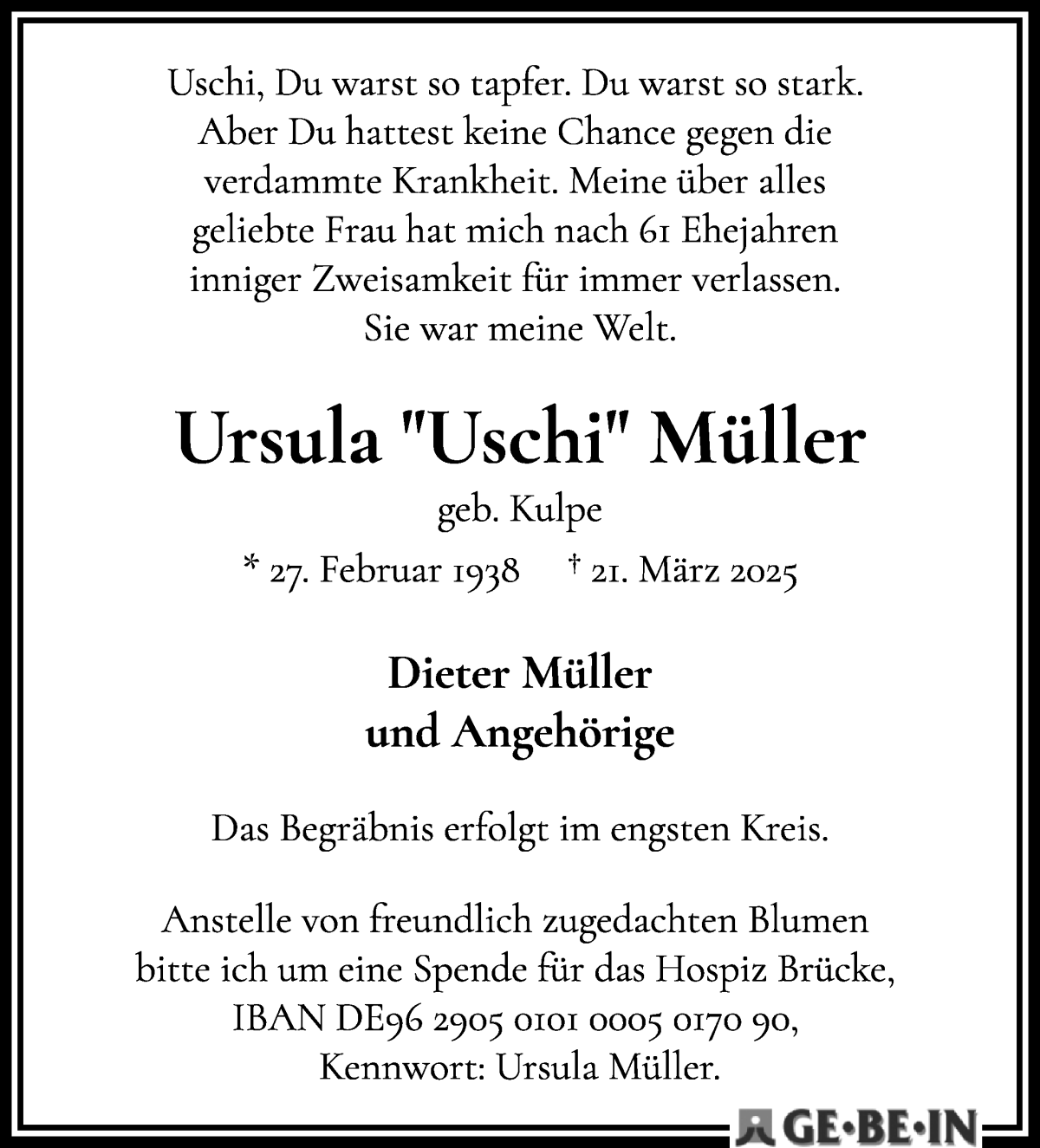 Traueranzeige von Ursula Müller von WESER-KURIER