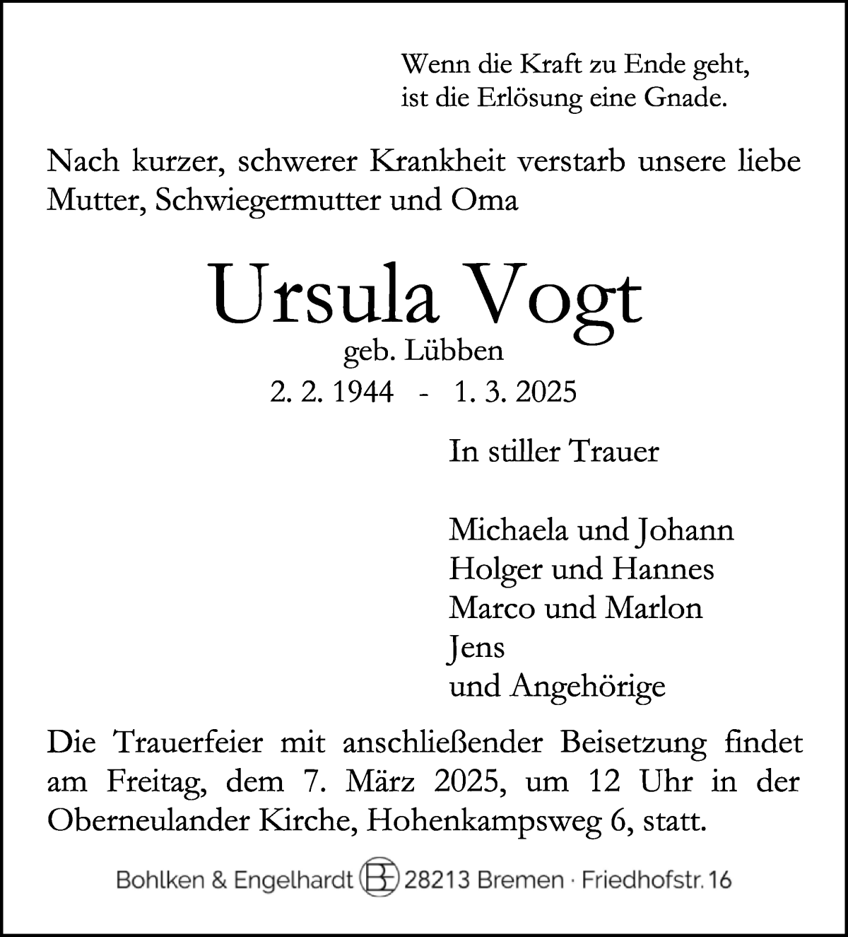 Traueranzeige von Ursula Vogt von WESER-KURIER