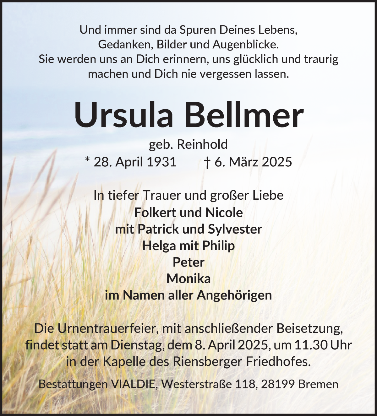Traueranzeige von Urusla Bellmer von WESER-KURIER