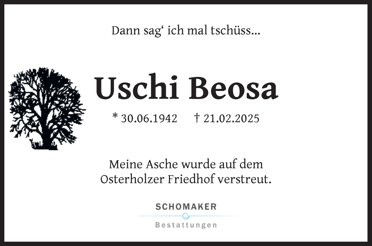 Traueranzeige von Uschi Beosa von WESER-KURIER