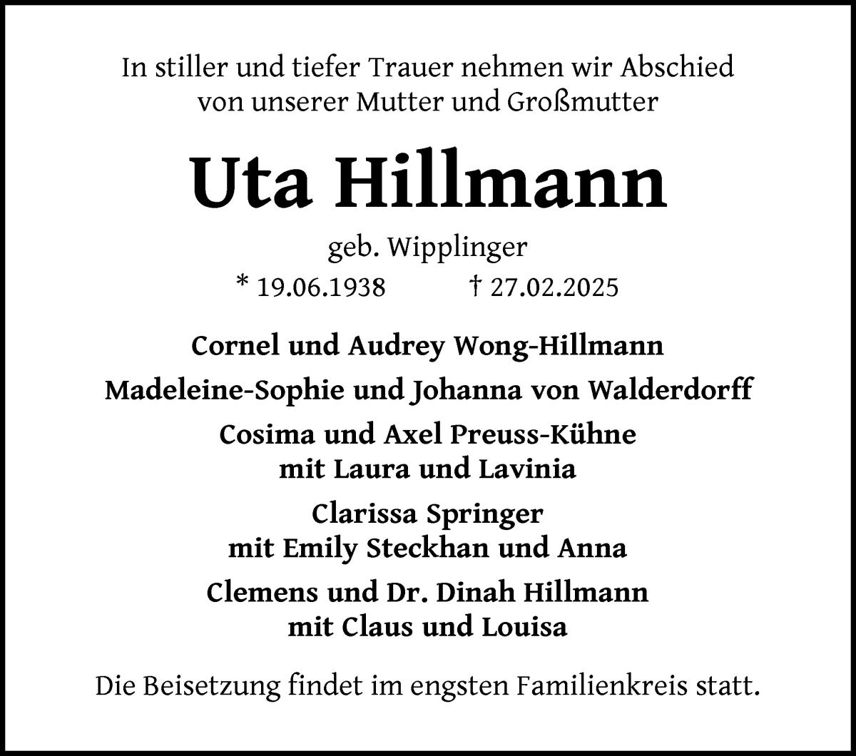 Traueranzeige von Uta Hillmann von WESER-KURIER