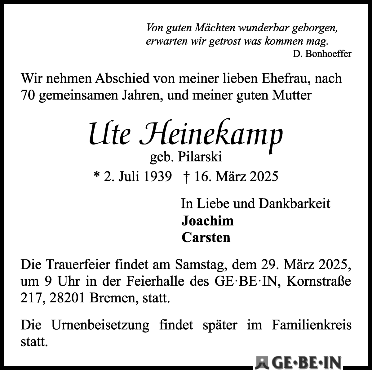 Traueranzeige von Ute Heinekamp von WESER-KURIER