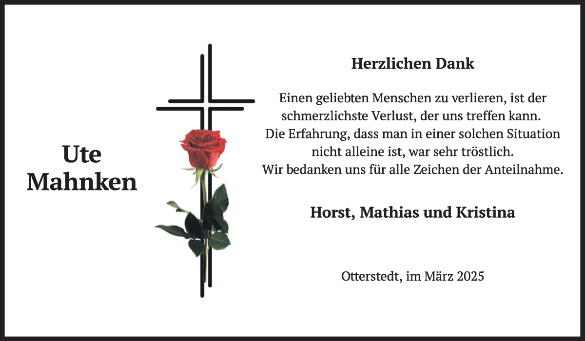 Traueranzeige von Ute Mahnken von WESER-KURIER