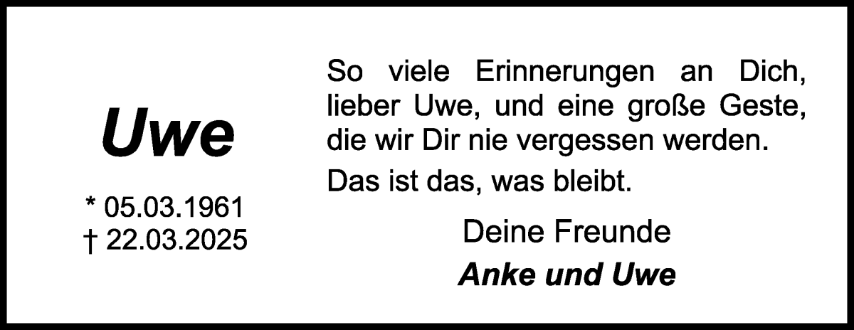 Traueranzeige von Uwe  von WESER-KURIER