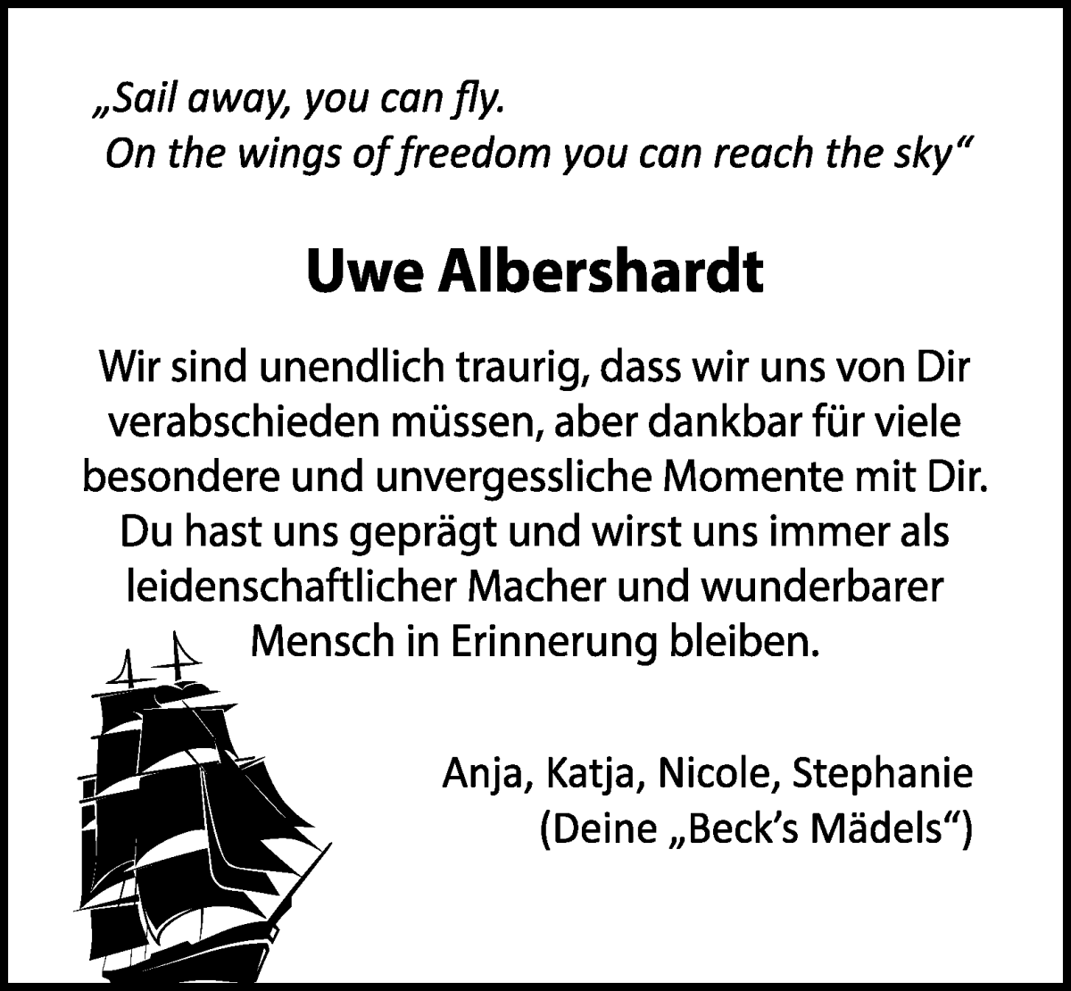 Traueranzeige von Uwe Albershardt von WESER-KURIER