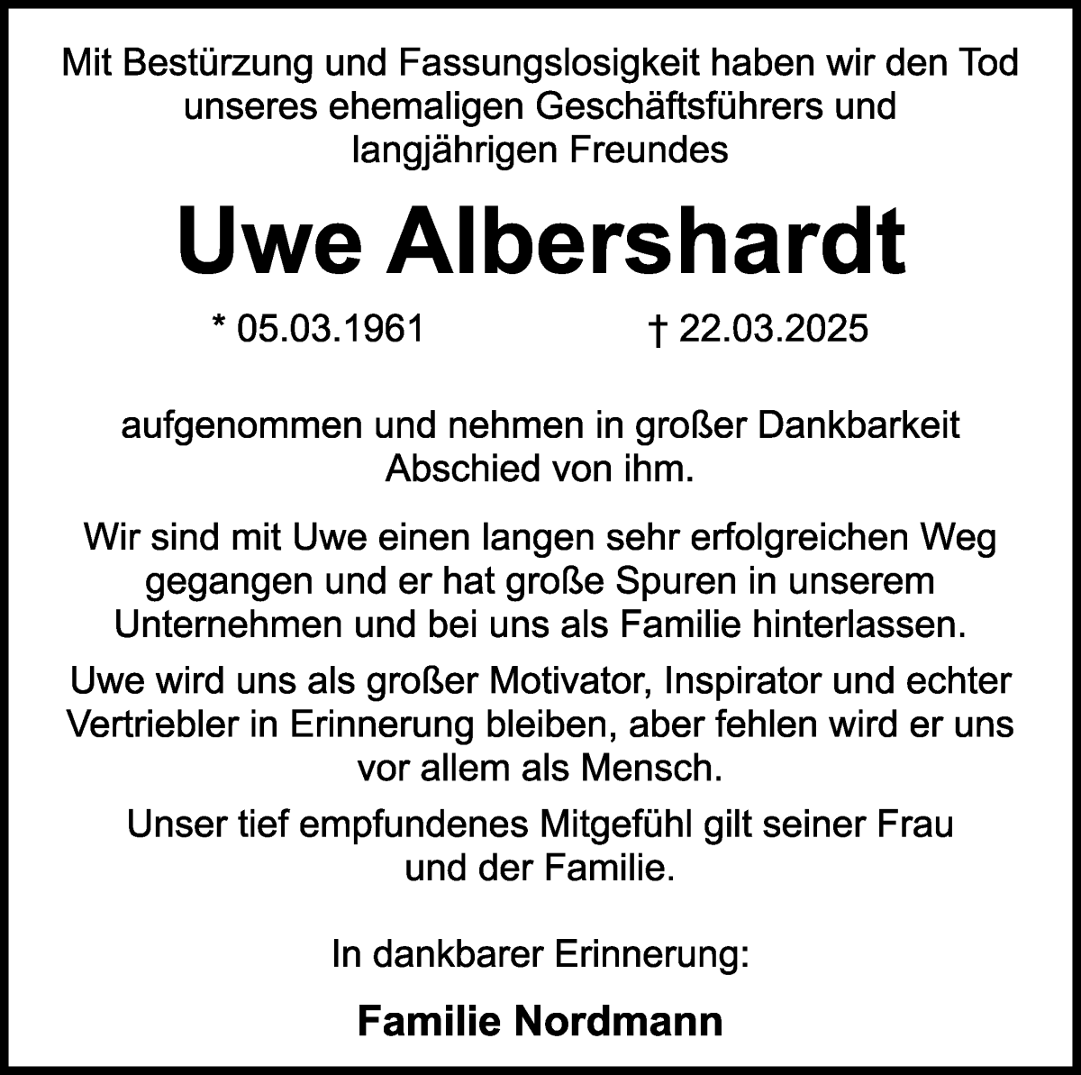 Traueranzeige von Uwe Albershardt von WESER-KURIER