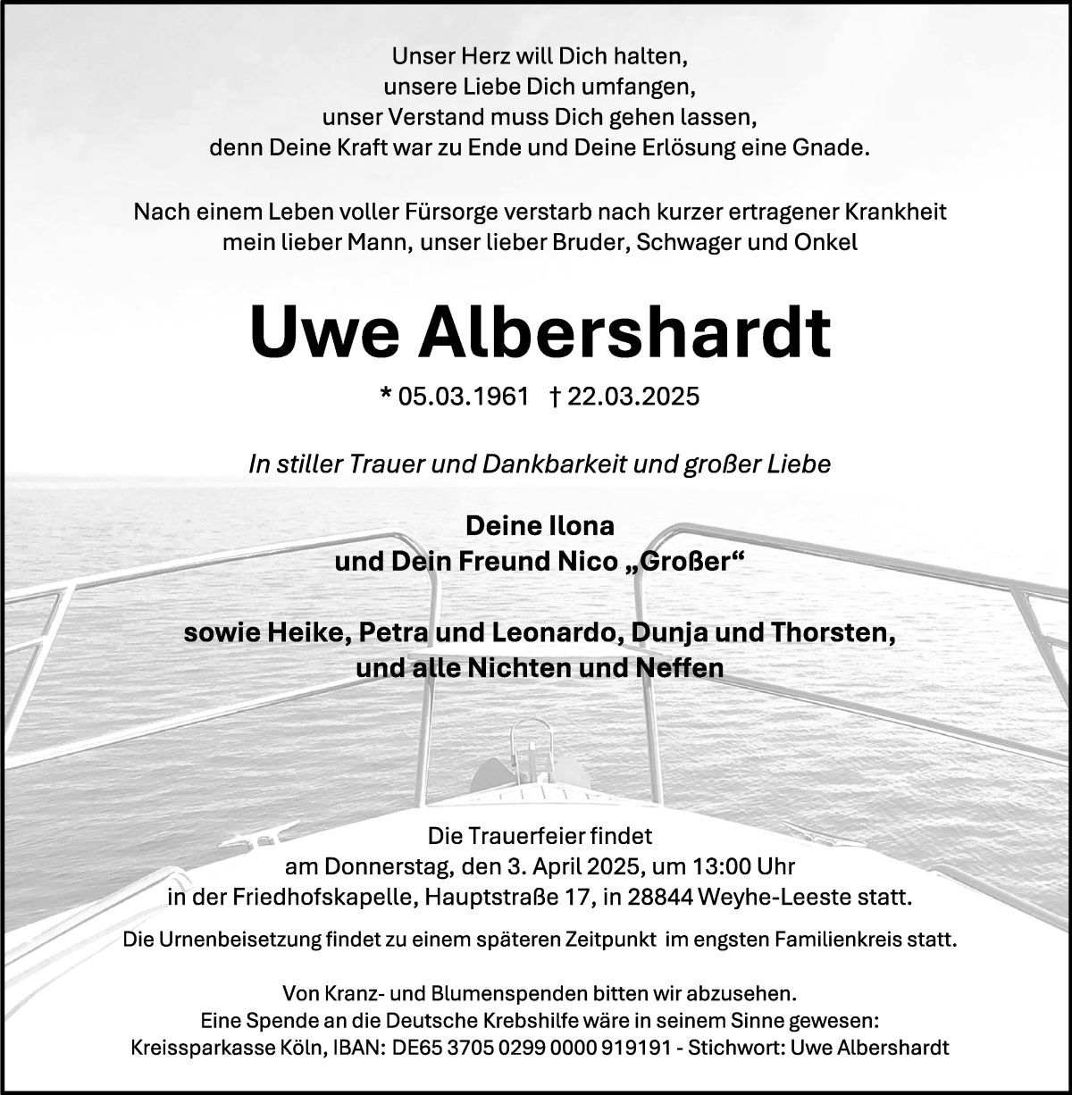 Traueranzeige von Uwe Albershardt von WESER-KURIER