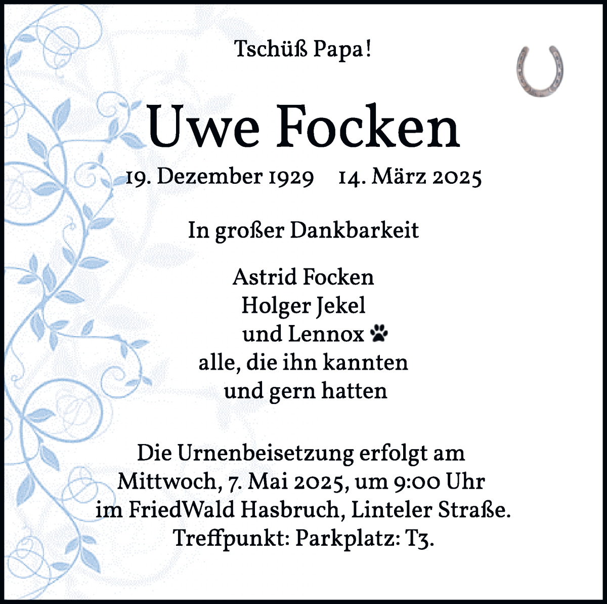 Traueranzeige von Uwe Focken von WESER-KURIER