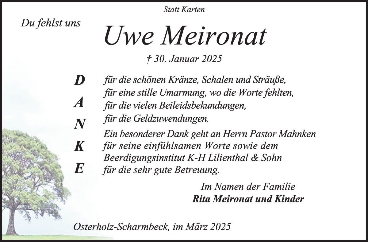 Traueranzeige von Uwe Meironat von Osterholzer Kreisblatt