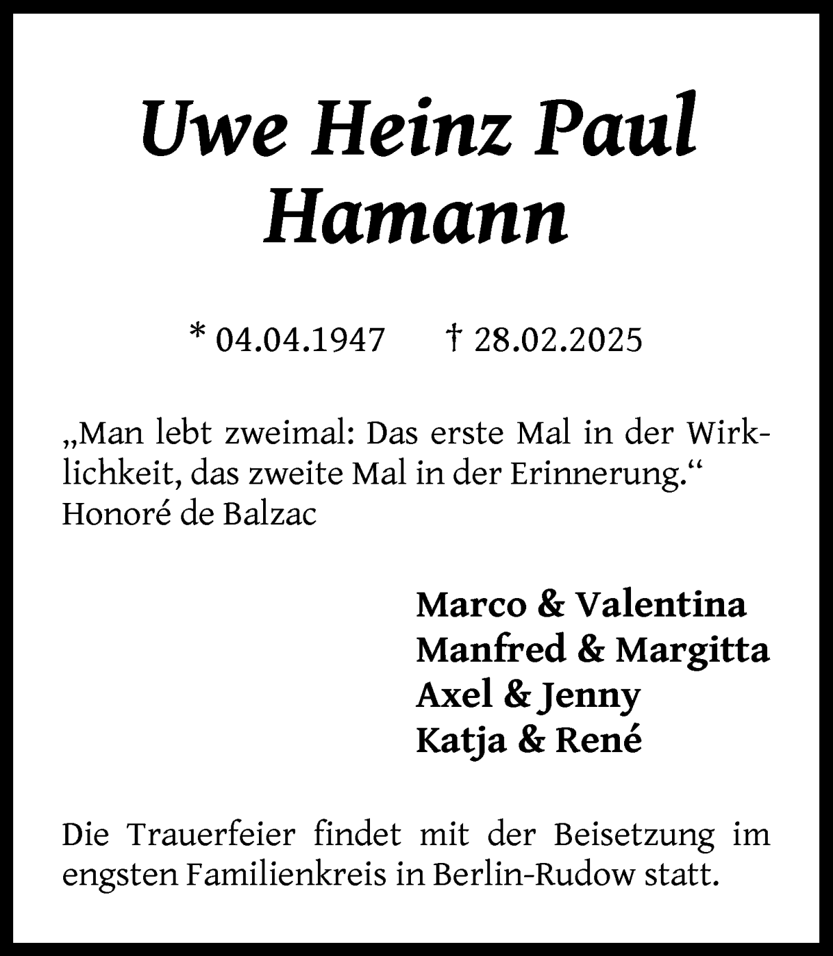 Traueranzeige von Uwe Heinz Paul Hamann von Wuemme Zeitung