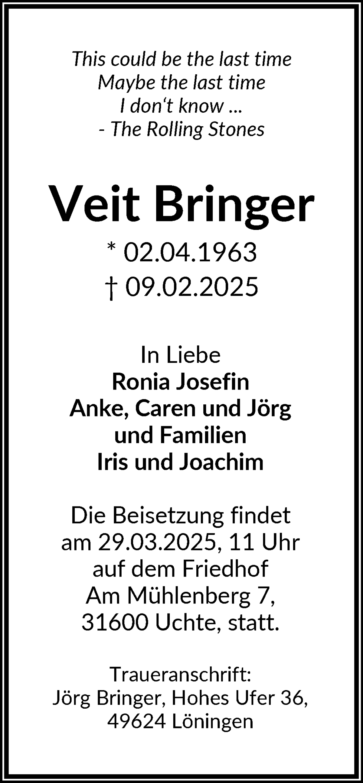 Traueranzeige von Veit Bringer von WESER-KURIER