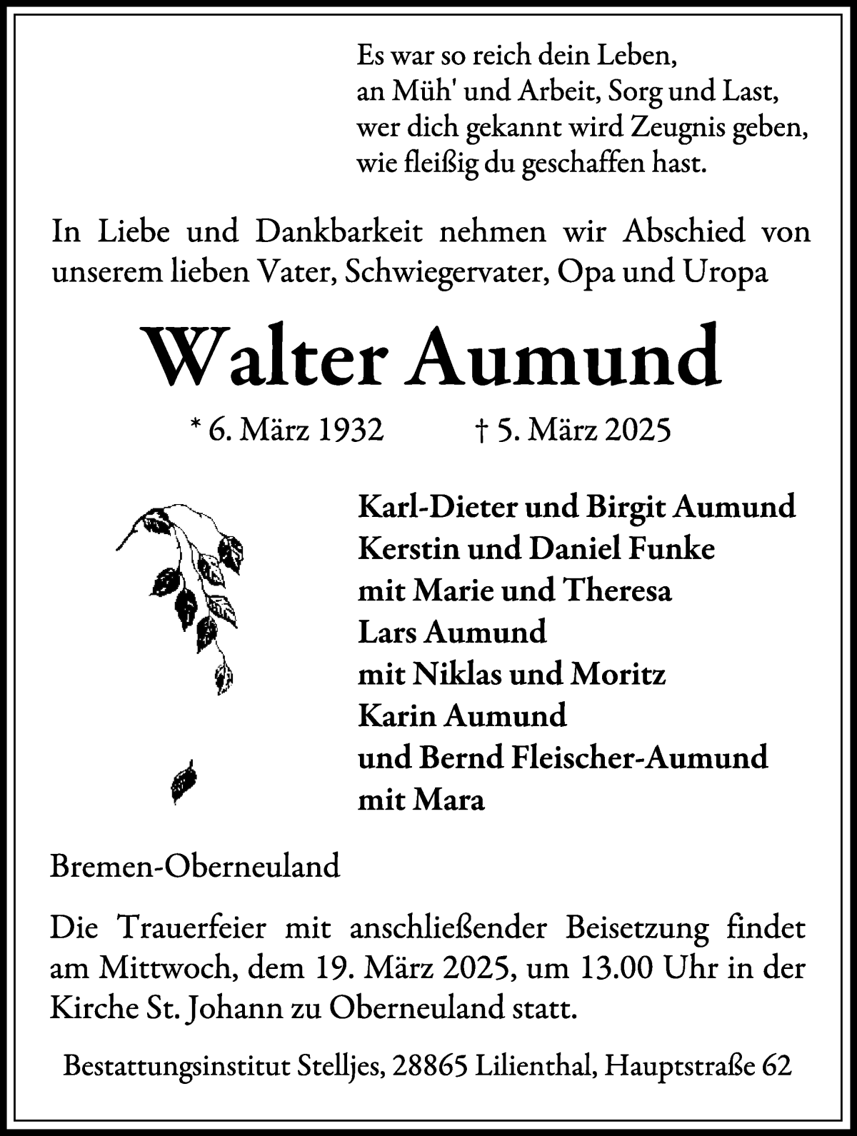 Traueranzeige von Walter Aumund von Wuemme Zeitung