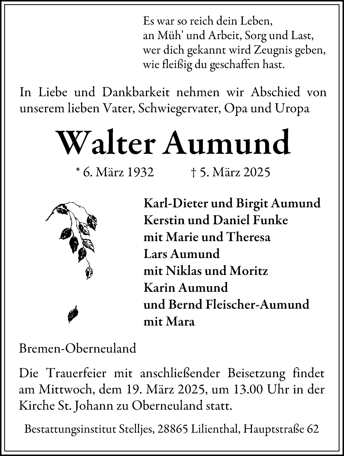 Traueranzeige von Walter Aumund von WESER-KURIER