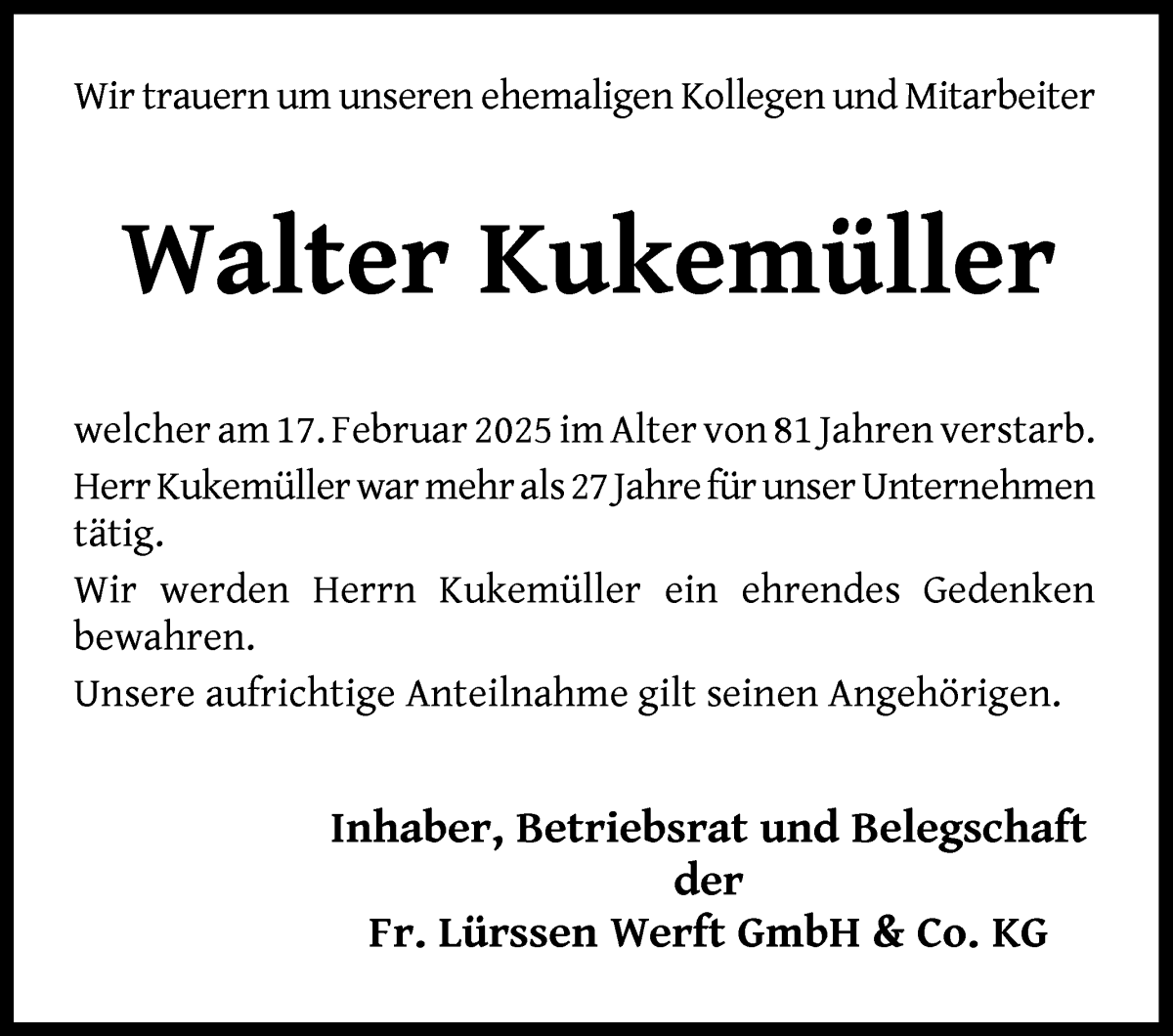 Traueranzeige von Walter Kukemüller von Die Norddeutsche
