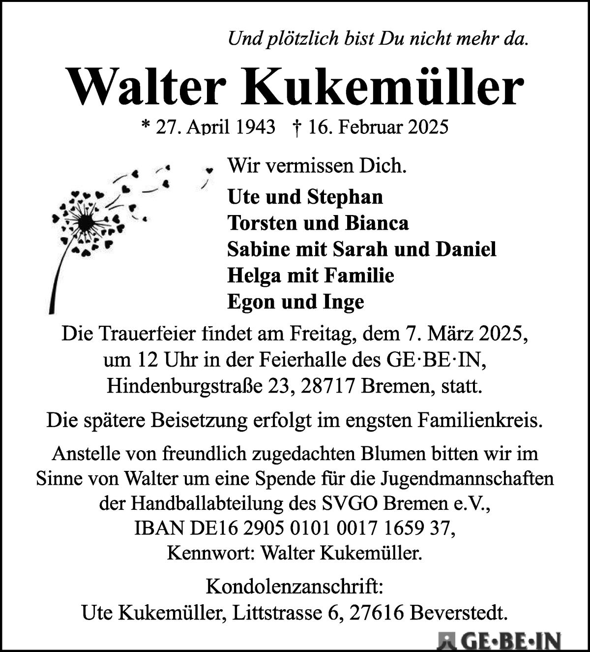 Traueranzeige von Walter Kukemüller von WESER-KURIER