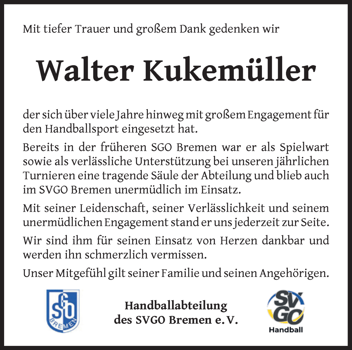 Traueranzeige von Walter Kukemüller von WESER-KURIER