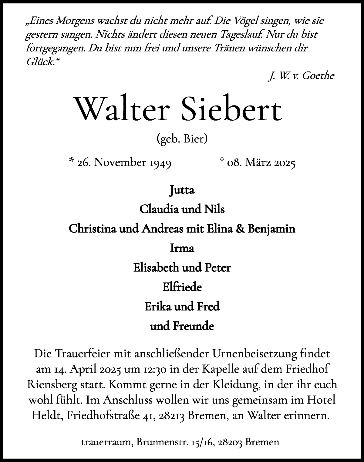 Traueranzeige von Walter Siebert von WESER-KURIER