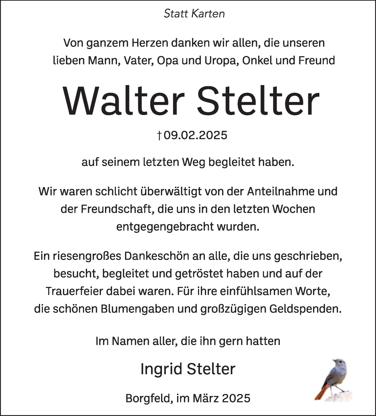 Traueranzeige von Walter Stelter von Wuemme Zeitung