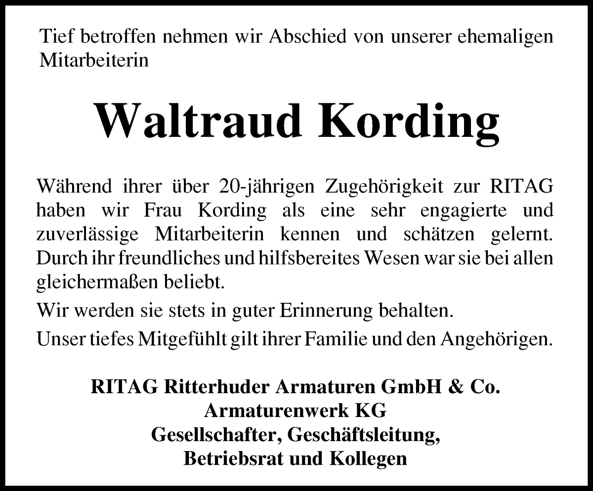 Traueranzeige von Waltraud Kording von Osterholzer Kreisblatt