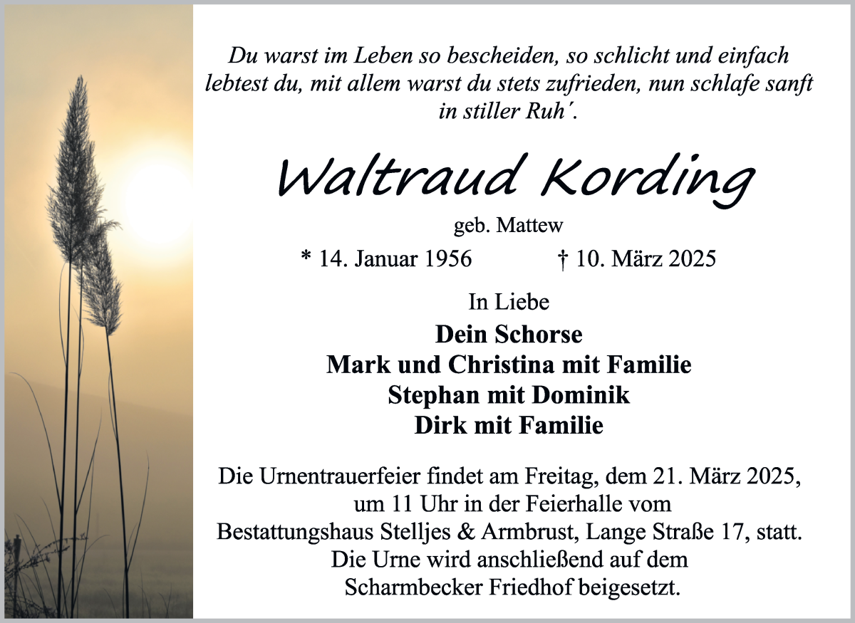 Traueranzeige von Waltraud Kording von Osterholzer Kreisblatt