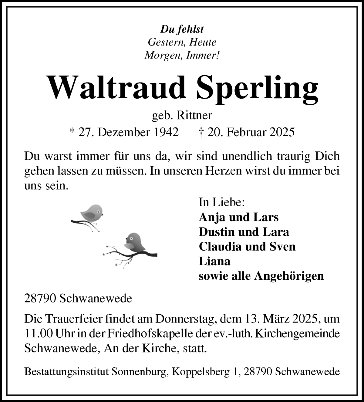 Traueranzeige von Waltraud Sperling von Die Norddeutsche