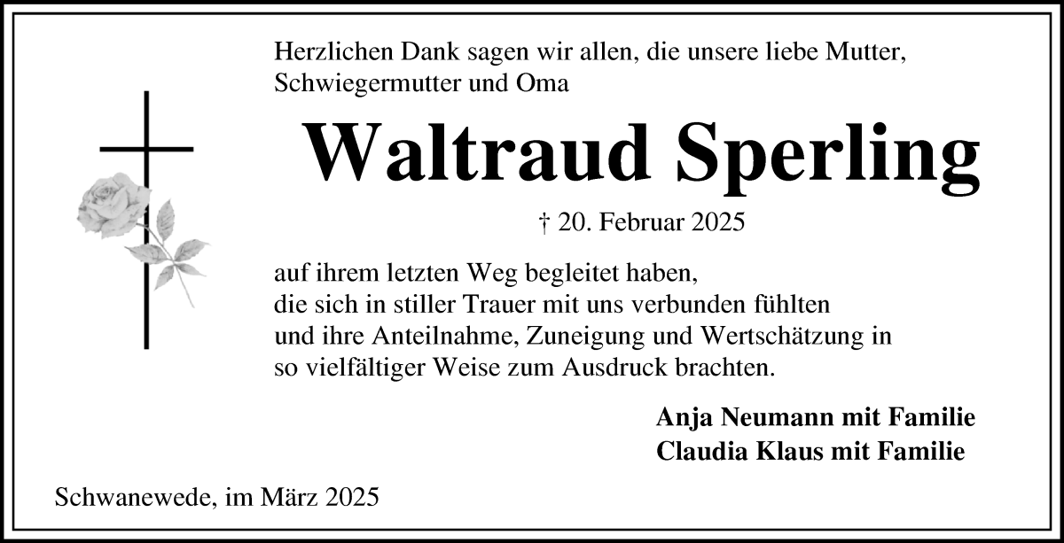 Traueranzeige von Waltraud Sperling von Die Norddeutsche