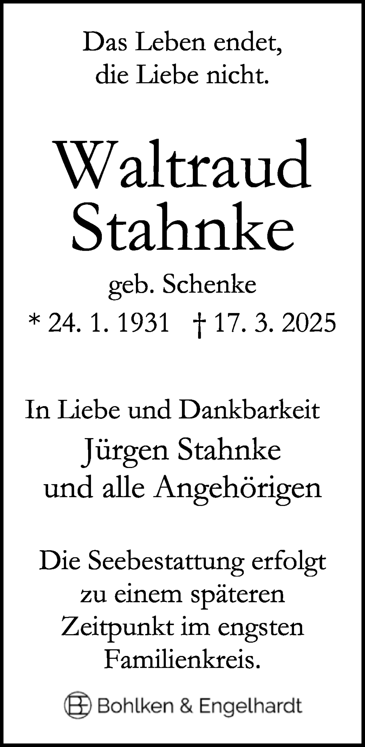 Traueranzeige von Waltraud Stahnke von WESER-KURIER