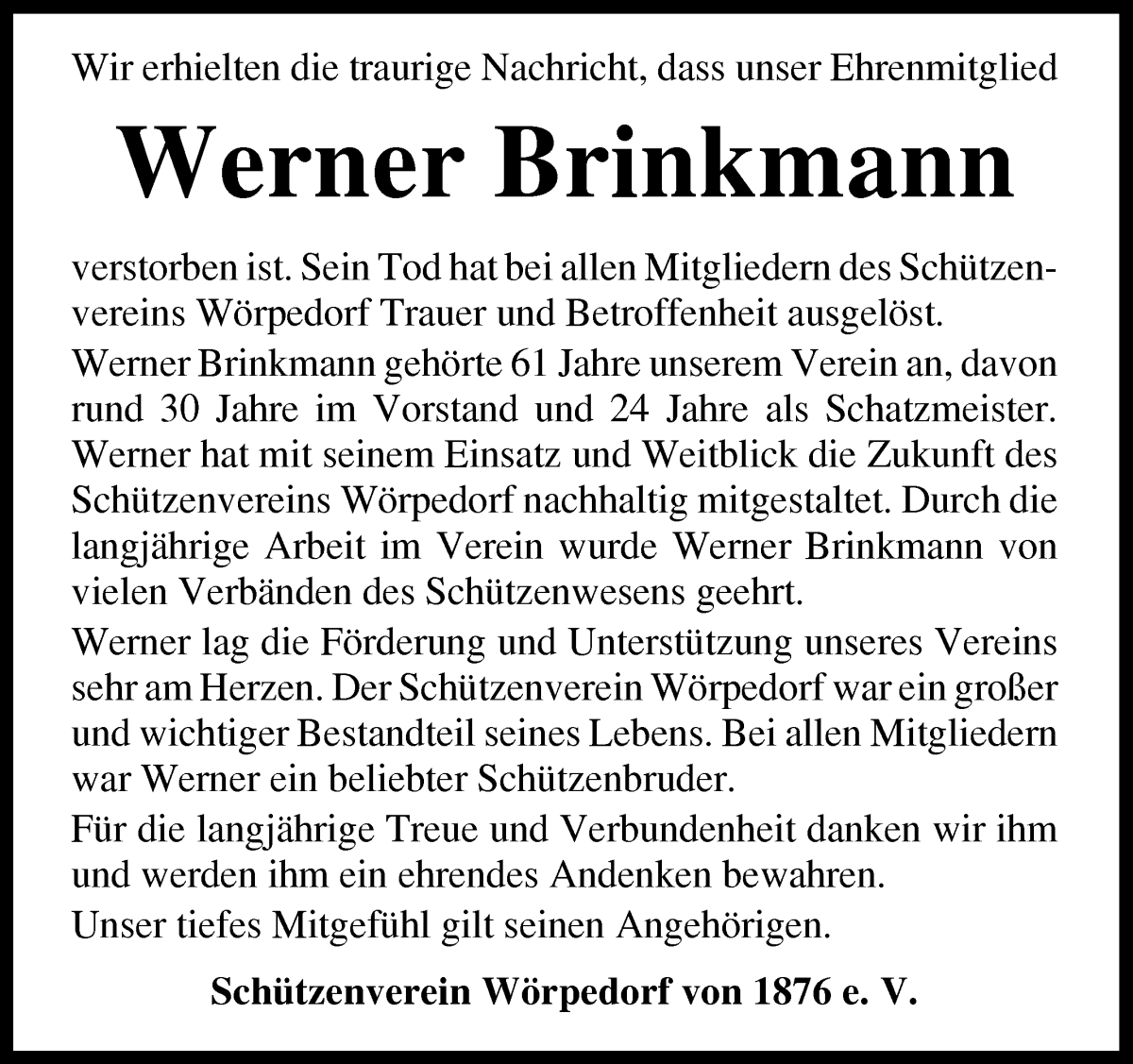 Traueranzeige von Werner Brinkmann von Wuemme Zeitung