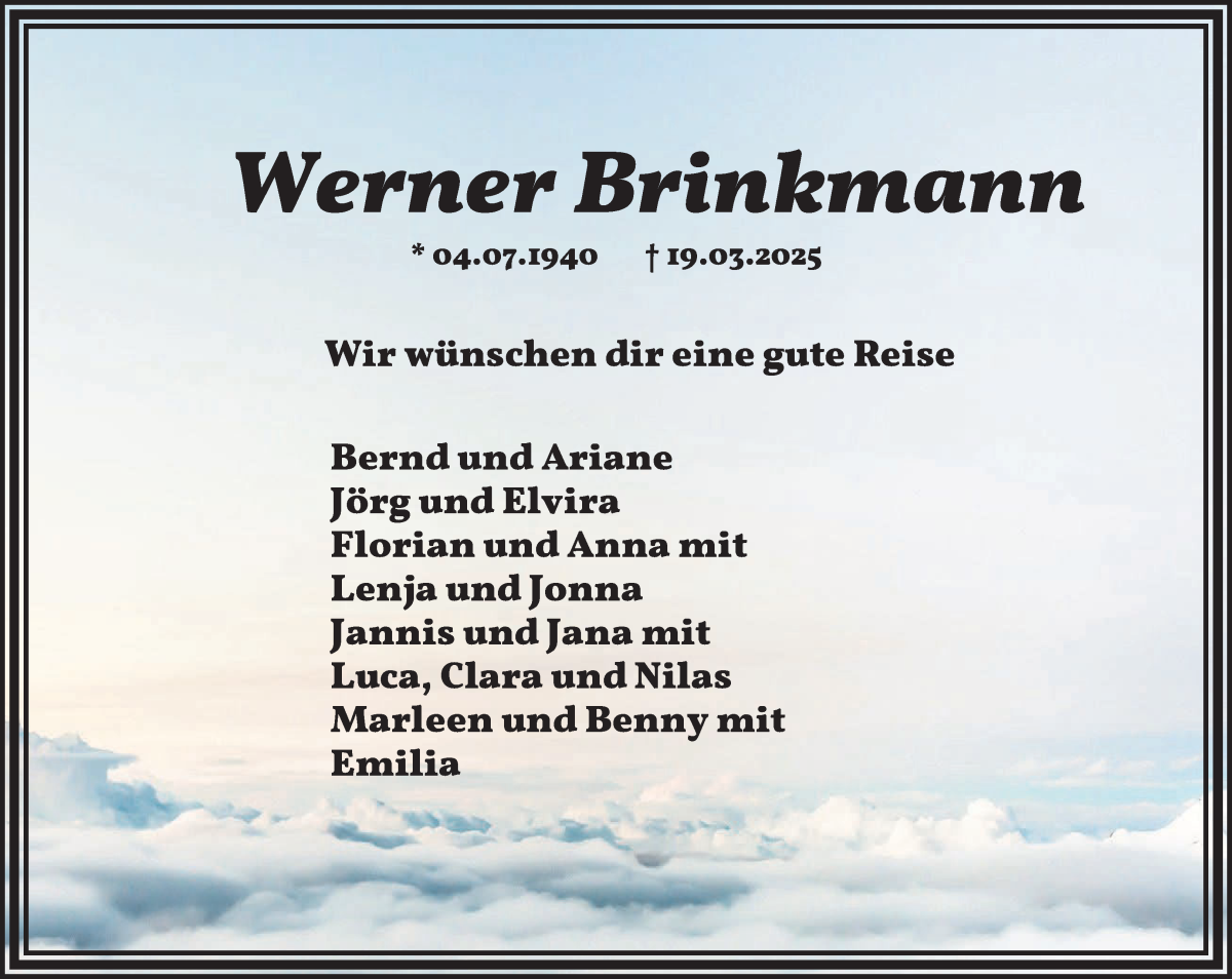 Traueranzeige von Werner Brinkmann von Wuemme Zeitung