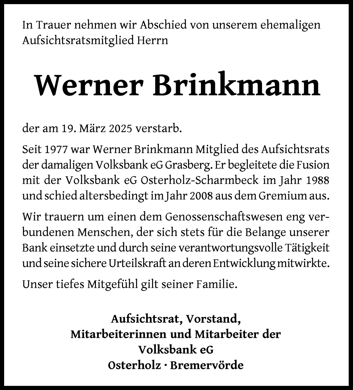 Traueranzeige von Werner Brinkmann von Wuemme Zeitung