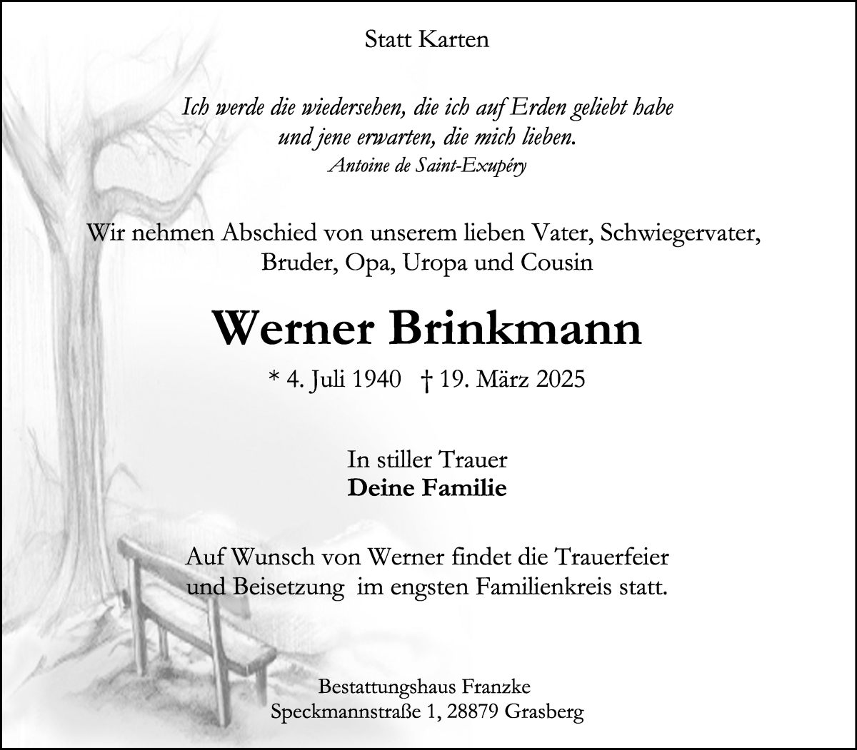 Traueranzeige von Werner Brinkmann von Wuemme Zeitung