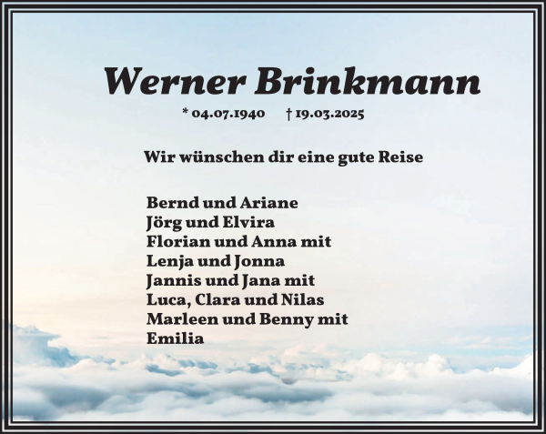 Traueranzeige von Werner Brinkmann von Wuemme Zeitung
