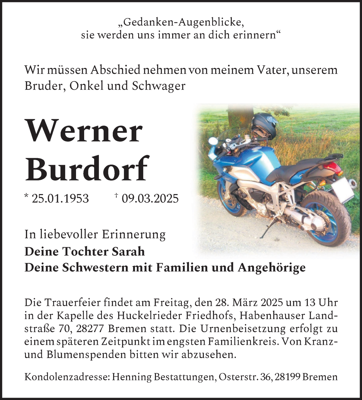 Traueranzeige von Werner Burdorf von WESER-KURIER
