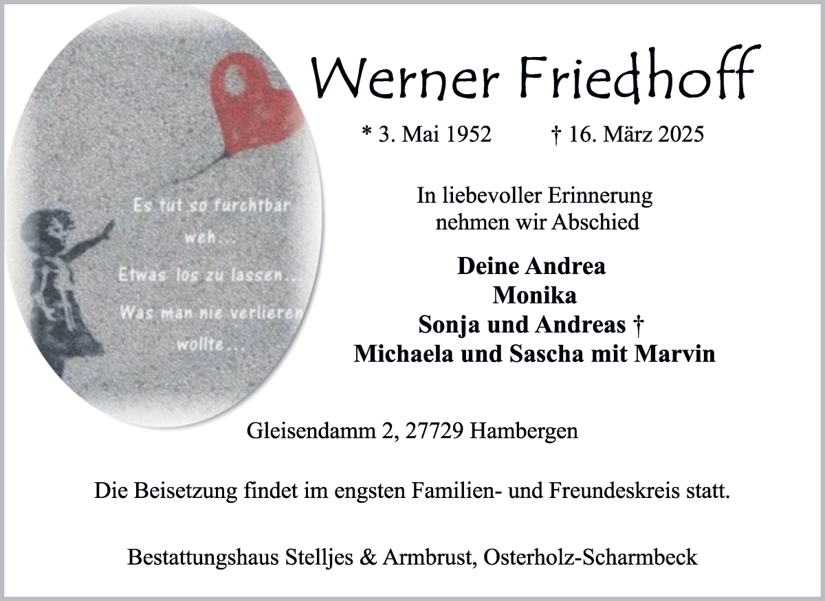 Traueranzeige von Werner Friedhoff von Osterholzer Kreisblatt