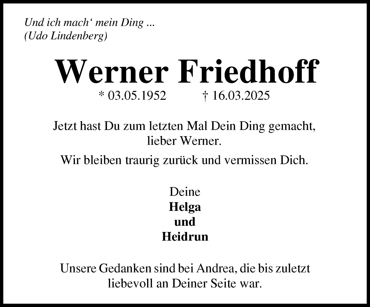 Traueranzeige von Werner Friedhoff von Osterholzer Kreisblatt