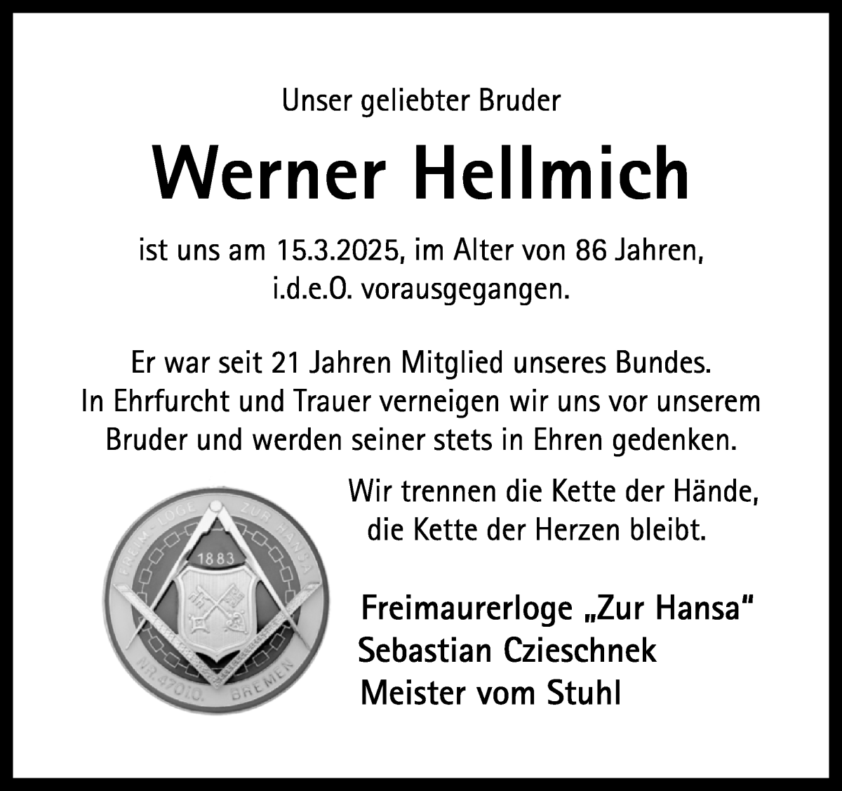 Traueranzeige von Werner Hellmich von WESER-KURIER