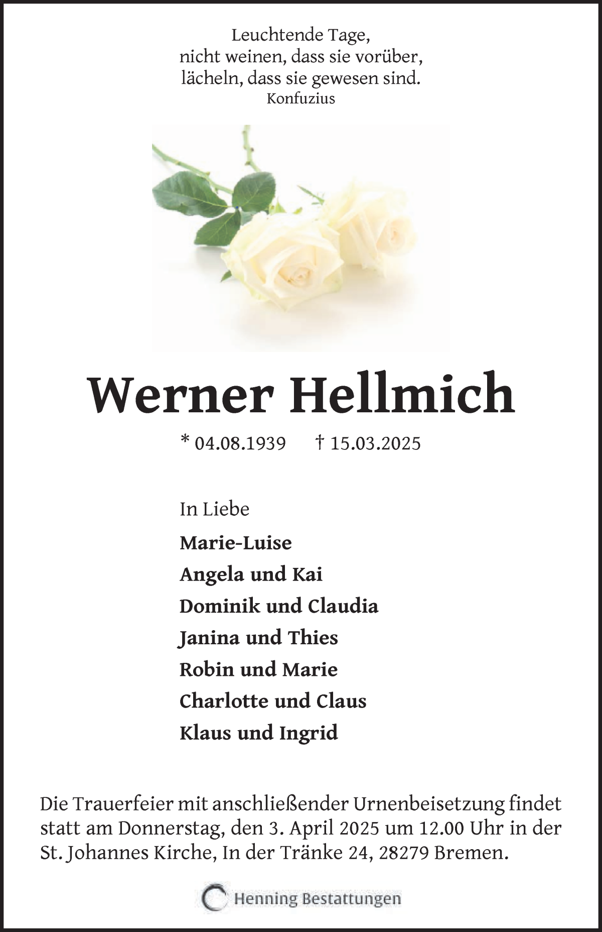 Traueranzeige von Werner Hellmich von WESER-KURIER