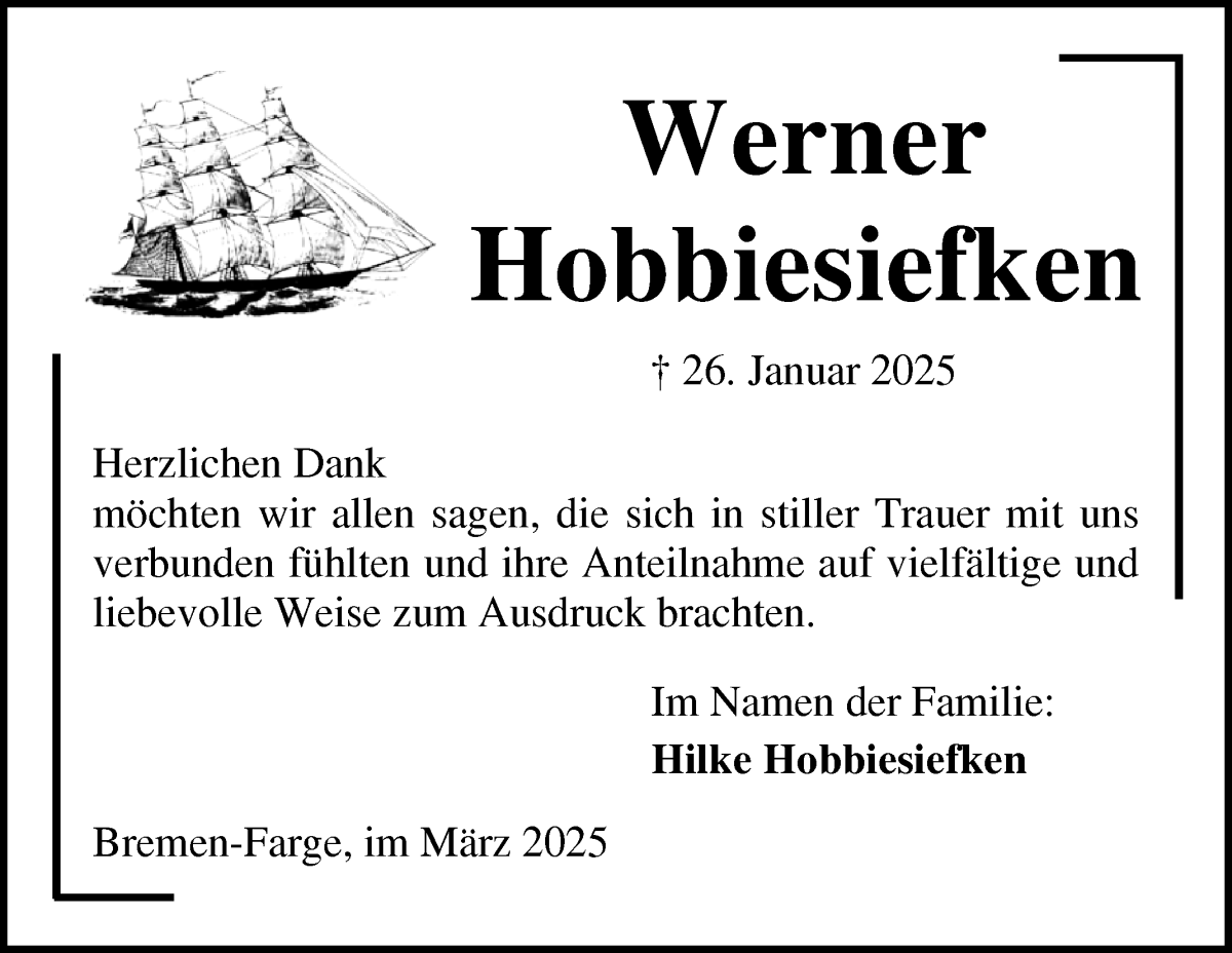Traueranzeige von Werner Hobbisiefken von Die Norddeutsche