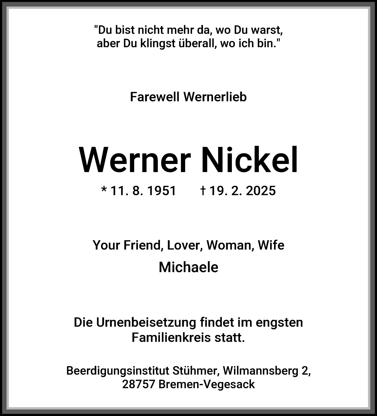 Traueranzeige von Werner Nickel von Die Norddeutsche