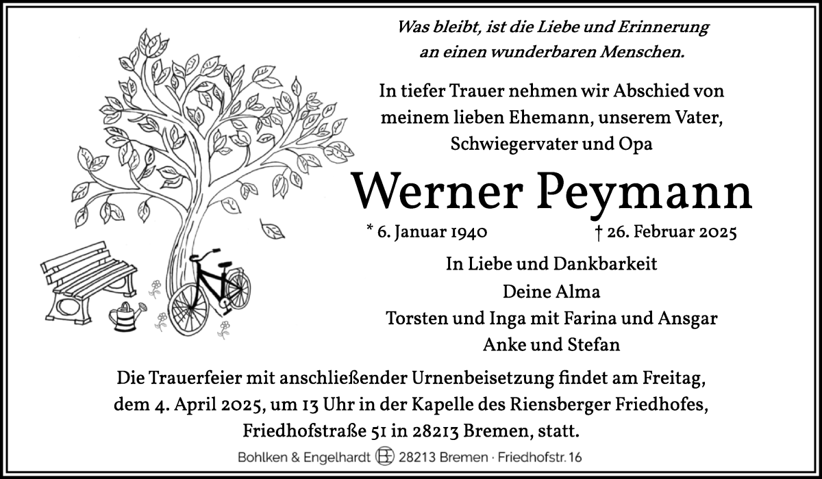Traueranzeige von Werner Peymann von WESER-KURIER