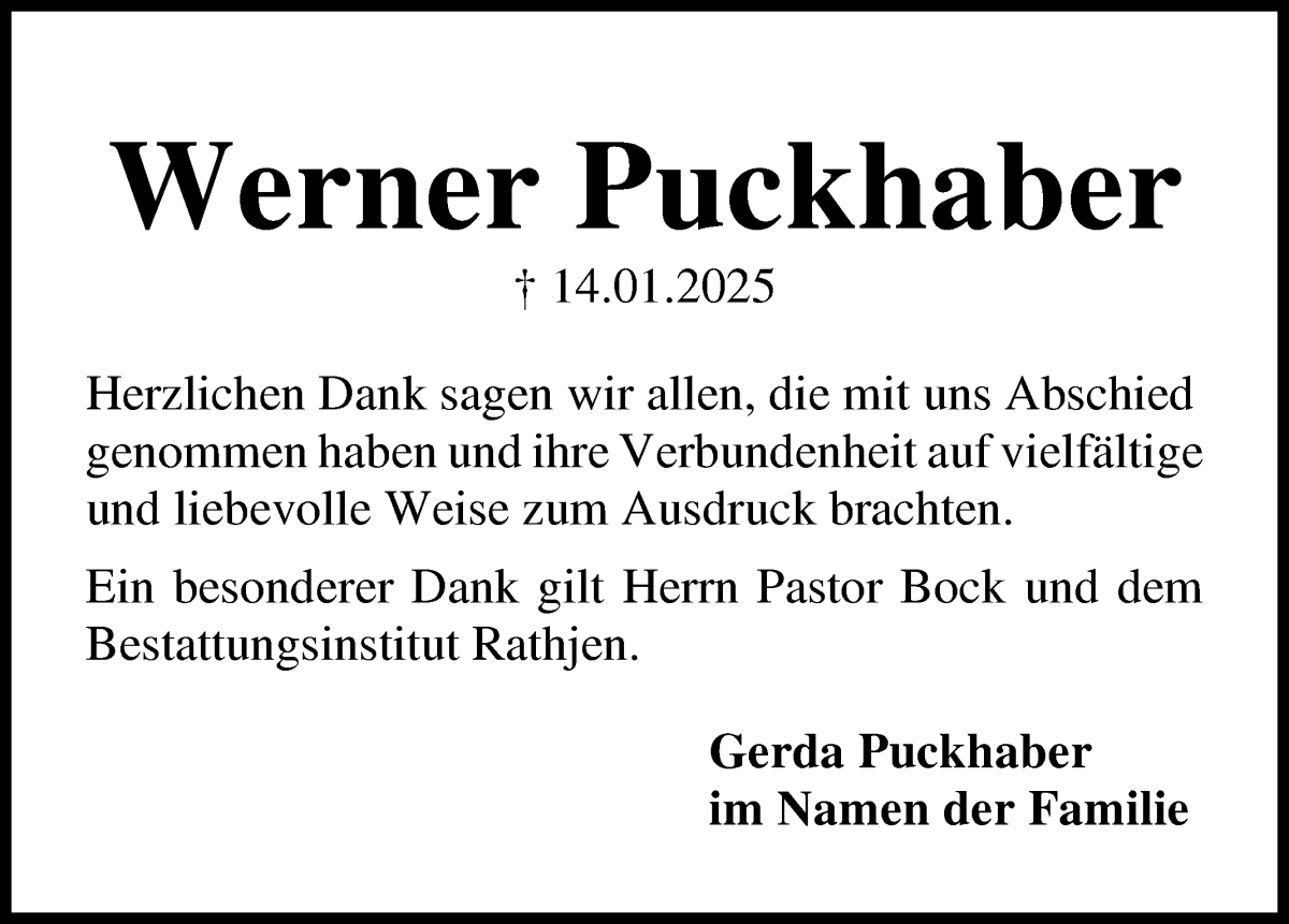 Traueranzeige von Werner Puckhaber von Osterholzer Kreisblatt