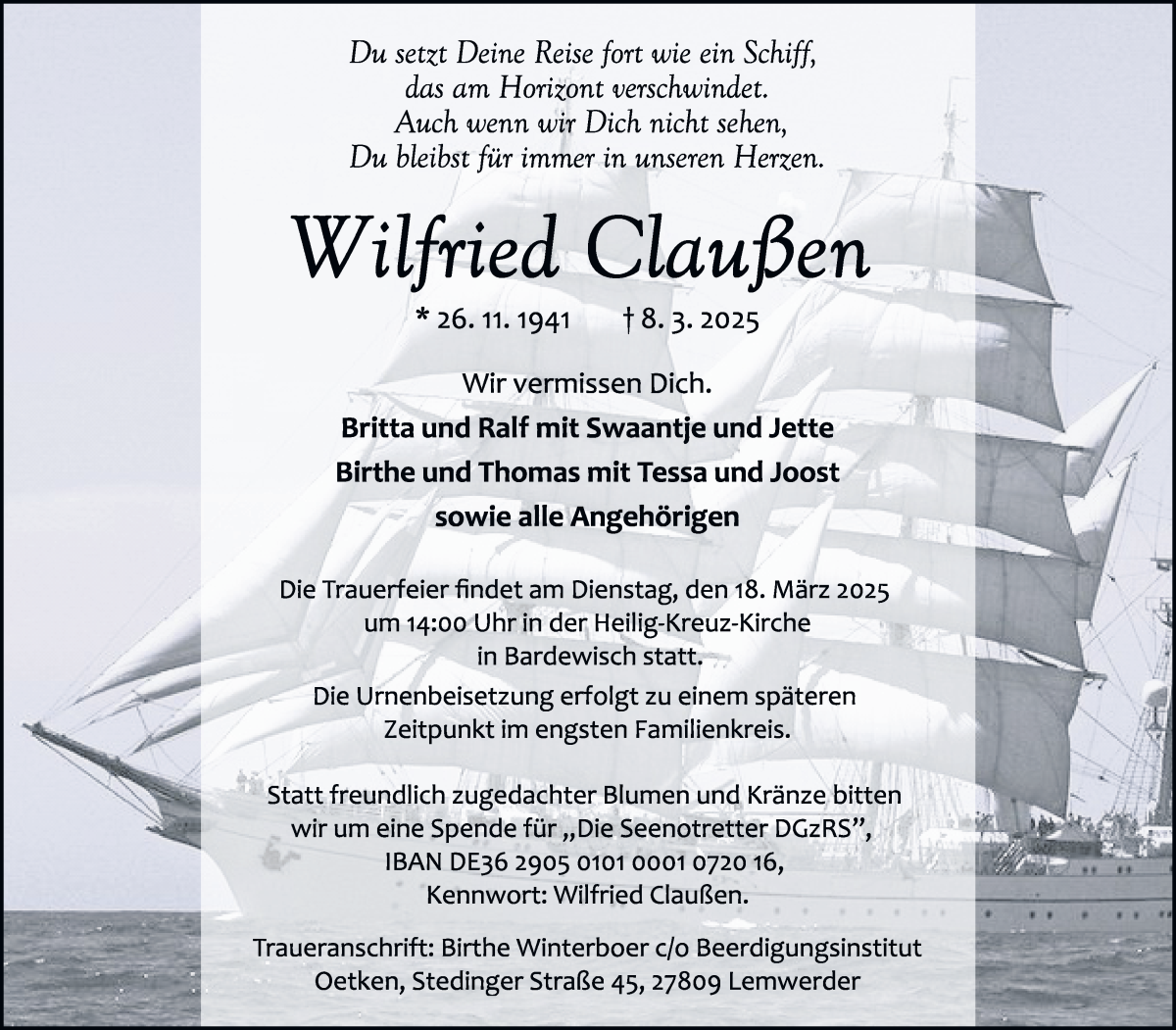 Traueranzeige von Wilfried Claußen von Die Norddeutsche