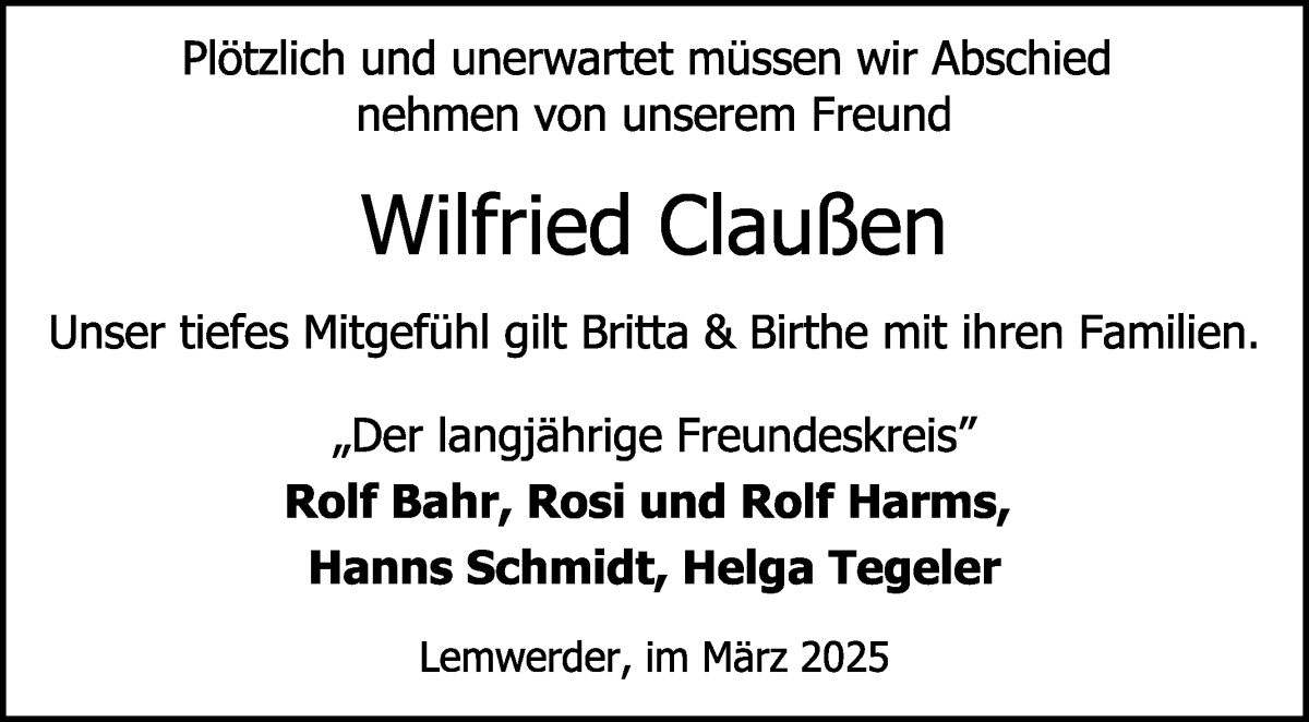 Traueranzeige von Wilfried Claußen von Die Norddeutsche