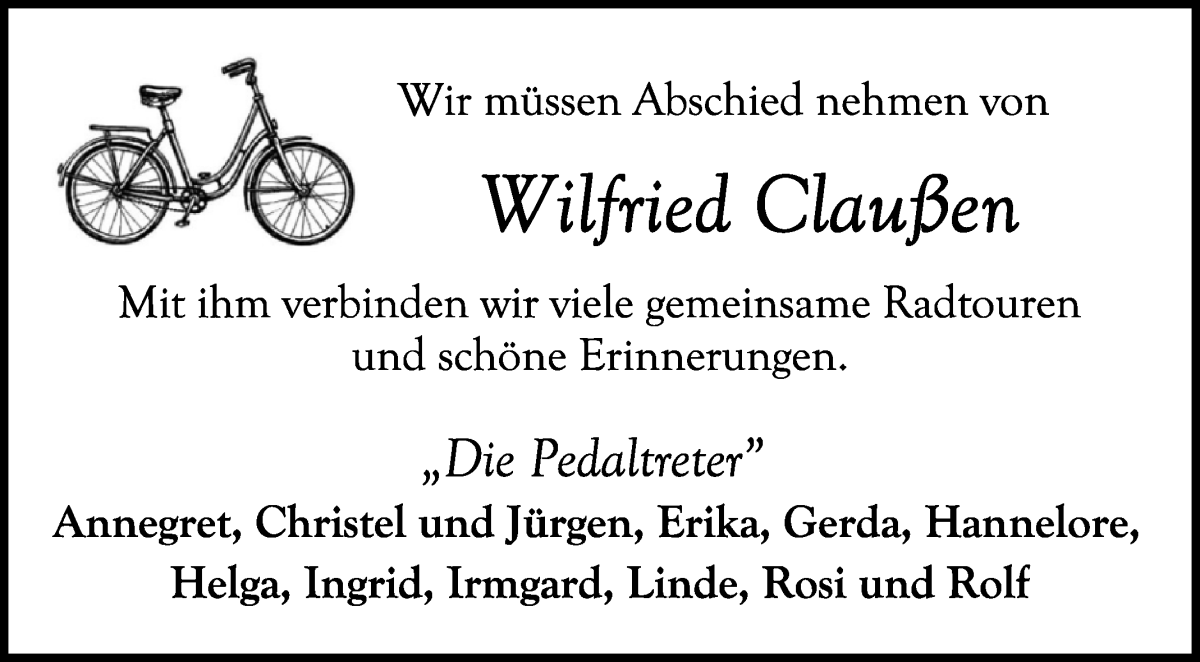 Traueranzeige von Wilfried Claußen von Die Norddeutsche