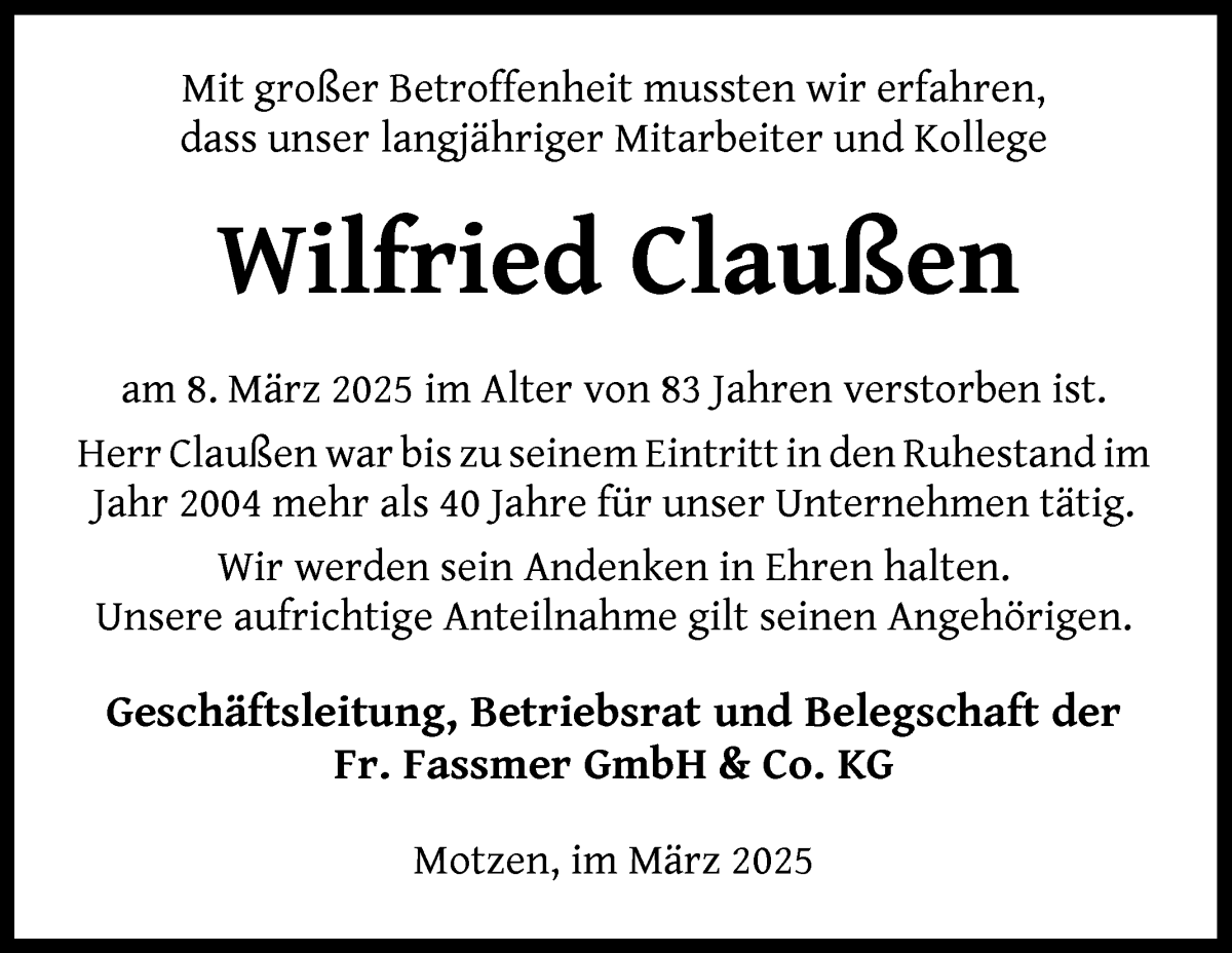 Traueranzeige von Wilfried Claußen von Die Norddeutsche