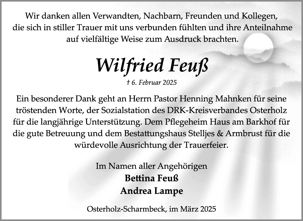 Traueranzeige von Wilfried Feuß von Osterholzer Kreisblatt
