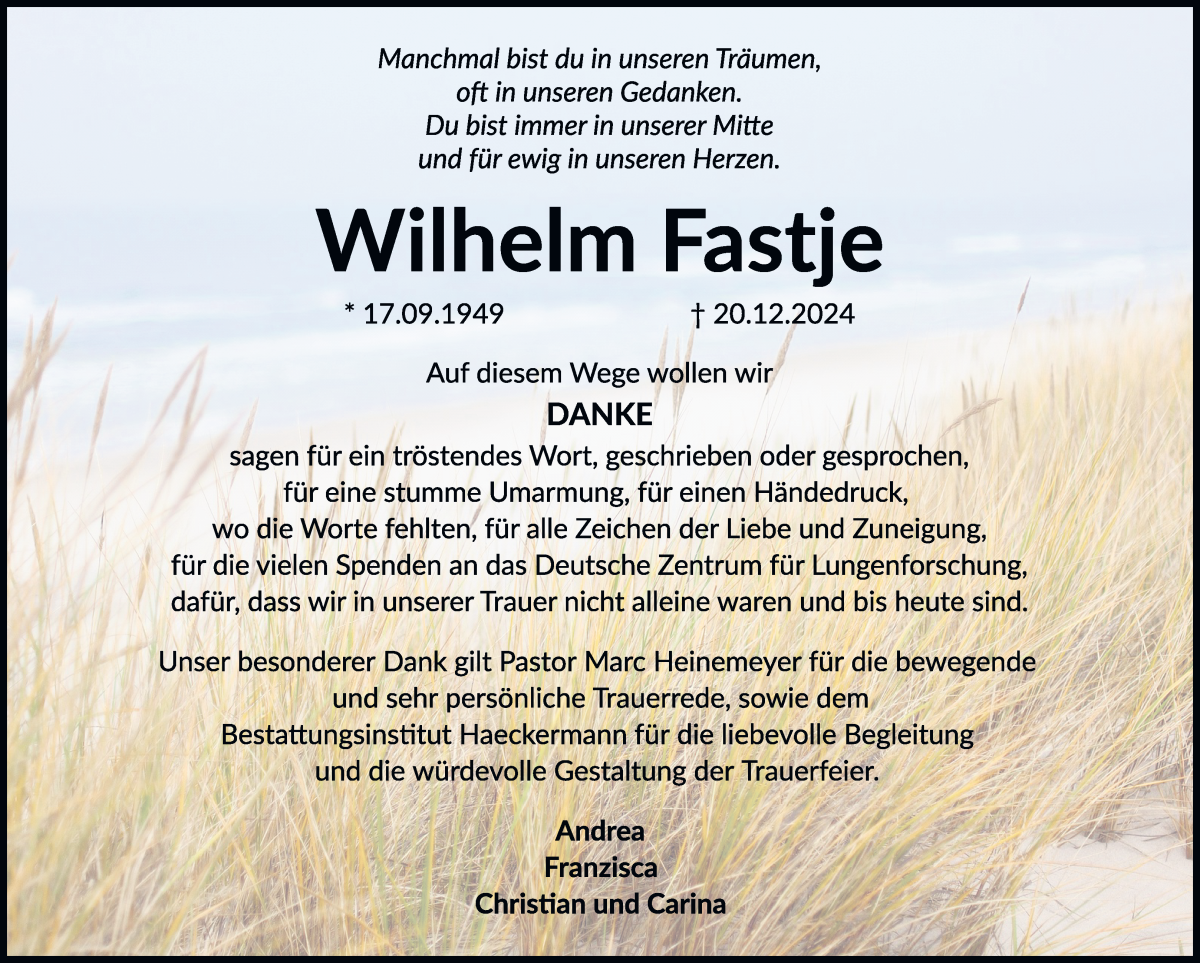 Traueranzeige von Wilhelm Fastje von Regionale Rundschau/Syker Kurier