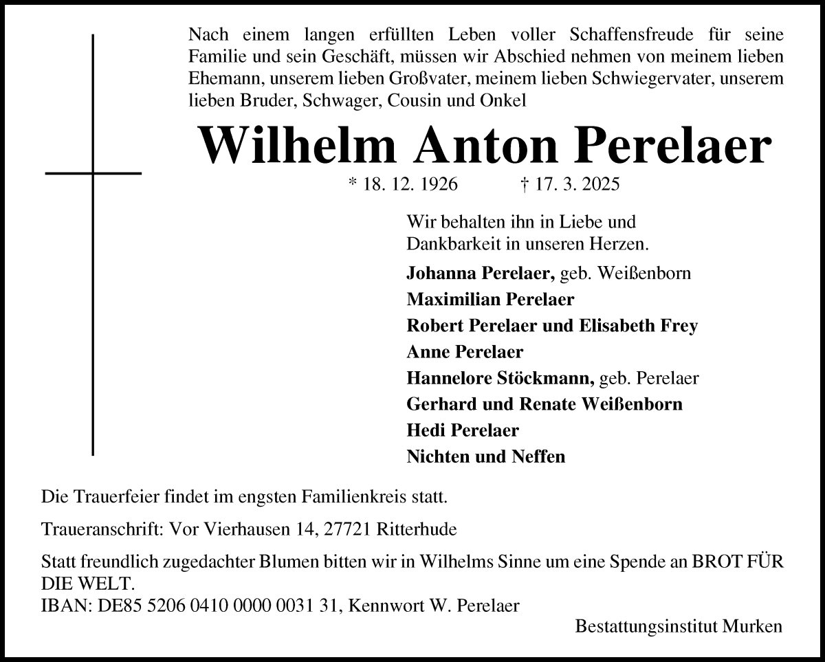 Traueranzeige von Wilhelm Anton Perelaer von WESER-KURIER