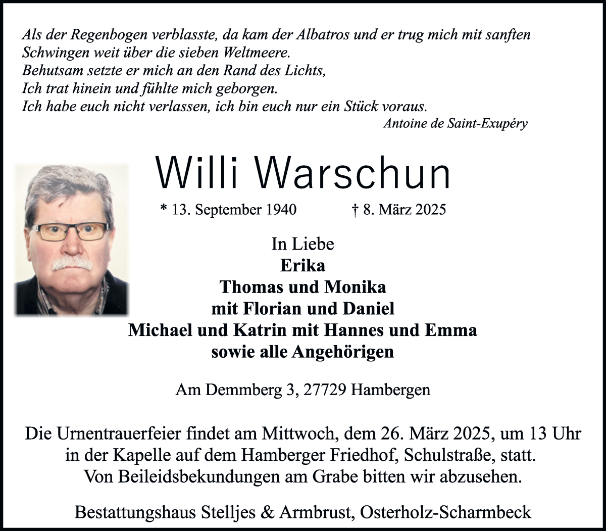 Traueranzeige von Willi Warschun von Osterholzer Kreisblatt